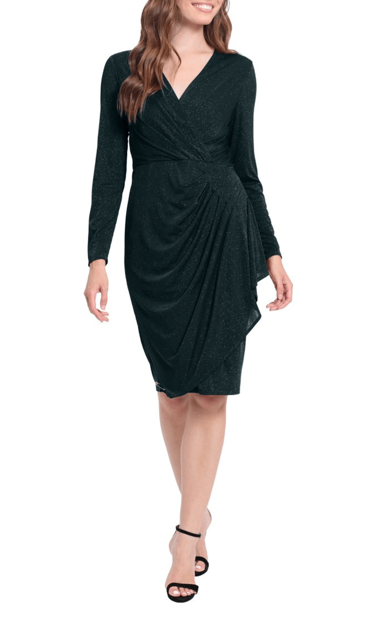 Sophisticated V-neck Above the Knee Glittering Ruched Draped Pleated Faux Wrap Back Zipper Fitted Sheath Elasticized Natural Waistline Long Sleeves Sheath Dress/Party Dress