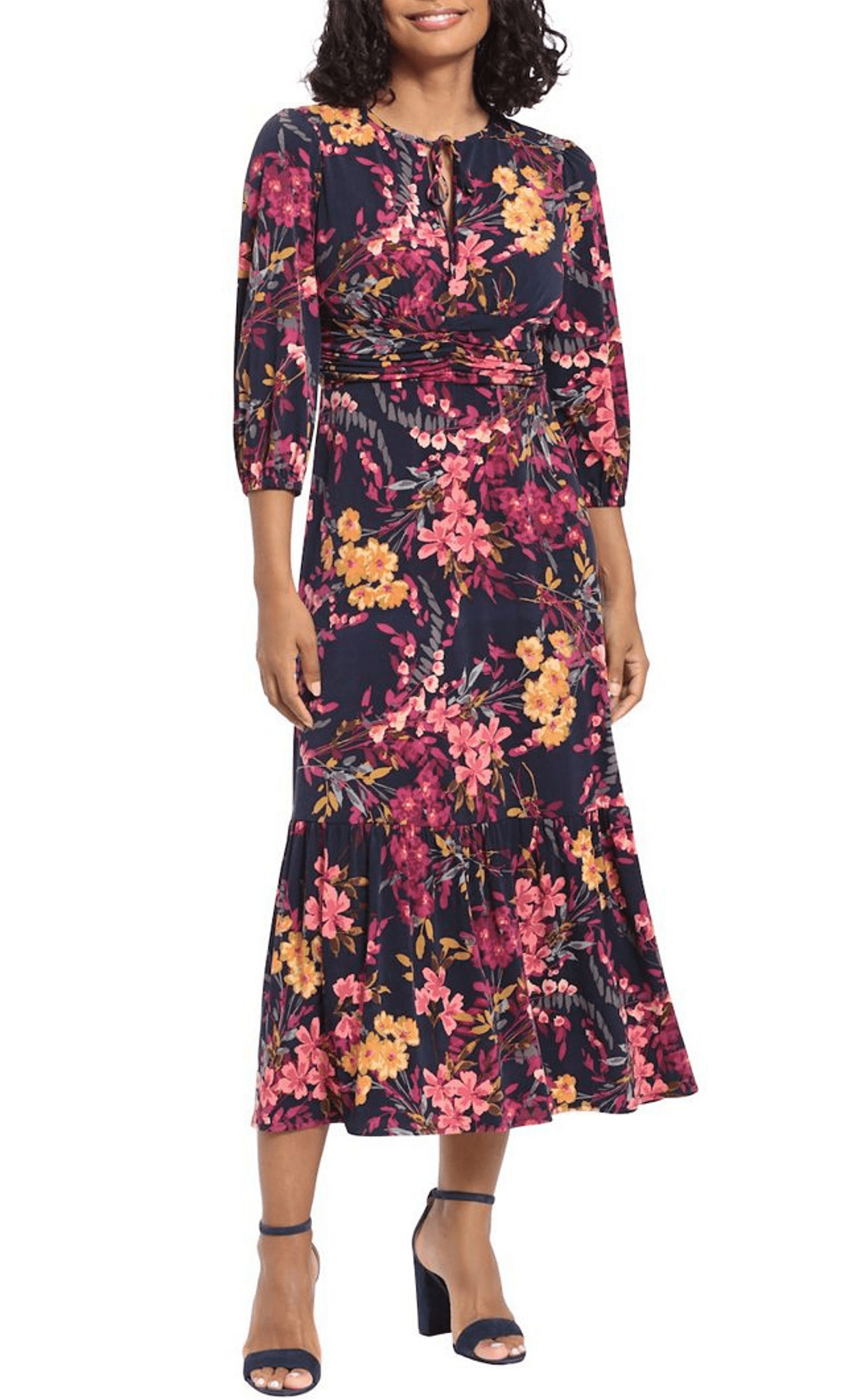 Sophisticated A-line Jersey Draped Ruched Keyhole Natural Waistline Floral Print Dress