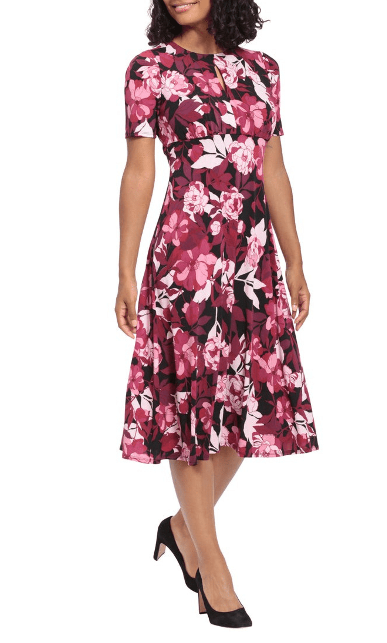 Modest A-line Floral Print Jersey Short Sleeves Sleeves Natural Waistline Above the Knee Keyhole Pleated Scoop Neck Dress