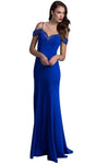 V-neck Fitted Natural Waistline Sheath Floor Length Off the Shoulder Spaghetti Strap Sheath Dress/Prom Dress with a Brush/Sweep Train