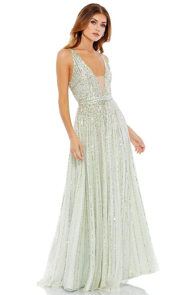Sexy A-line V-neck Natural Waistline Floor Length Open-Back Sequined Sheer Fitted Sleeveless Plunging Neck Prom Dress with a Brush/Sweep Train
