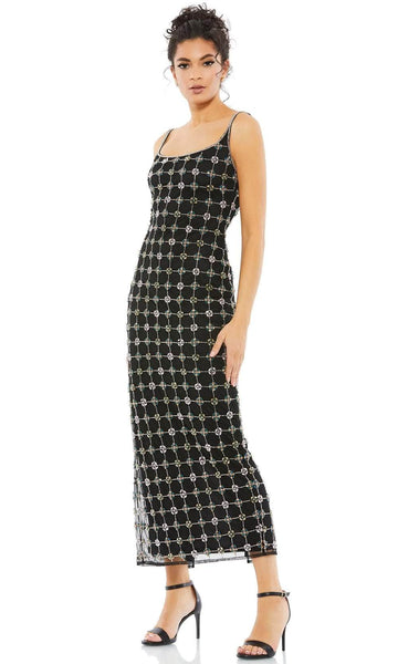 Natural Waistline Sheath Checkered Geometric Print Sleeveless Ankle Length Cocktail Polyester Fitted Sheer Beaded Back Zipper Scoop Neck Sheath Dress