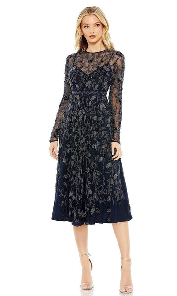 A-line V-neck Lace Natural Waistline Cocktail Tea Length Jeweled Neck Illusion Beaded Sheer Back Zipper Applique Pleated Long Sleeves Floral Print Party Dress