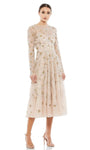 A-line V-neck Floral Print Natural Waistline Lace Long Sleeves Cocktail Tea Length Jeweled Neck Back Zipper Pleated Sheer Illusion Applique Beaded Party Dress