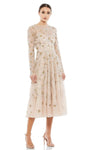 A-line V-neck Lace Long Sleeves Cocktail Tea Length Floral Print Jeweled Neck Natural Waistline Pleated Illusion Beaded Sheer Back Zipper Applique Party Dress