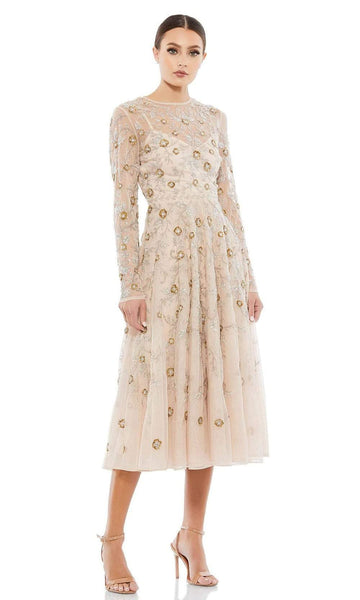 A-line V-neck Jeweled Neck Cocktail Tea Length Lace Floral Print Natural Waistline Long Sleeves Applique Beaded Pleated Sheer Back Zipper Illusion Party Dress