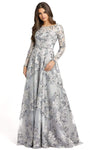 A-line Long Sleeves Beaded Back Zipper Sequined Sheer Crystal Lace Floor Length Floral Print Natural Waistline Bateau Neck Dress with a Brush/Sweep Train