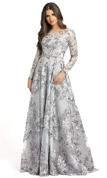 A-line Crystal Sheer Back Zipper Beaded Sequined Floor Length Floral Print Bateau Neck Long Sleeves Lace Natural Waistline Dress with a Brush/Sweep Train
