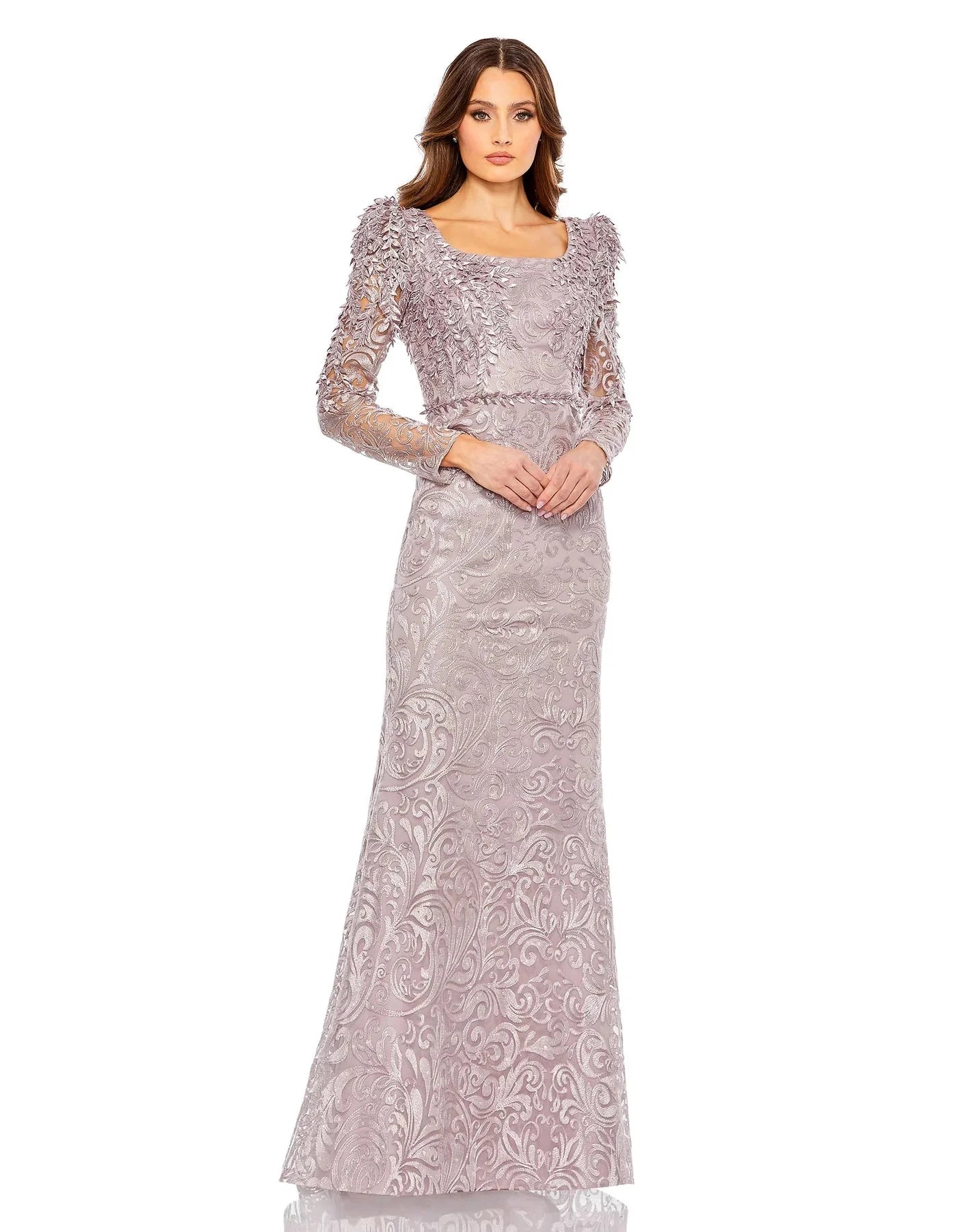 Modest Floral Print Bateau Neck Sheath Wrap Embroidered Sheer Mesh Applique Beaded Natural Waistline Long Sleeves Short Polyester Sheath Dress/Evening Dress with a Brush/Sweep Train