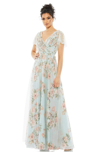 A-line V-neck Floral Print Floor Length Beaded Back Zipper Ruched Mesh Pleated Faux Wrap Flutter Short Sleeves Sleeves Natural Waistline Evening Dress