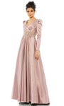 A-line V-neck Long Sleeves Natural Waistline Beaded Faux Wrap Applique Back Zipper Pleated Floor Length High-Low-Hem Evening Dress