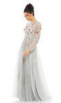 A-line Floral Print Tulle Natural Waistline Beaded Illusion Back Zipper Sheer Embroidered Floor Length Jeweled Neck Long Sleeves Evening Dress with a Brush/Sweep Train