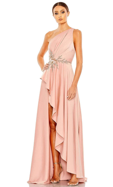 A-line Sleeveless Charmeuse Natural Waistline Slit Ruched Open-Back Back Zipper Asymmetric Applique Beaded High-Low-Hem Evening Dress with a Brush/Sweep Train With Ruffles