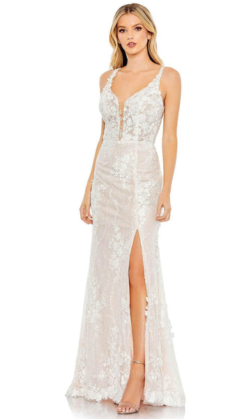 Sexy V-neck Natural Waistline Plunging Neck Mermaid Floor Length Sleeveless Fall Embroidered Glittering Beaded Applique Lace-Up Back Zipper Wedding Dress