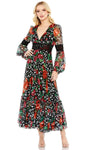 A-line V-neck Cocktail Floor Length Long Puff Sleeves Sleeves Floral Print Empire Waistline Pleated Hidden Back Zipper Dress