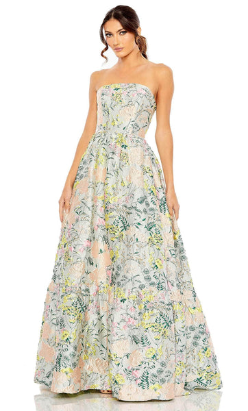 A-line Strapless Floral Print Floor Length Brocade Back Zipper Corset Natural Waistline Straight Neck Evening Dress