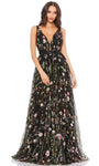 A-line V-neck Sheath Floor Length Floral Print Natural Waistline Open-Back Embroidered Beaded Tulle Sheath Dress with a Brush/Sweep Train