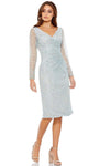 V-neck Long Sleeves Sequined Sheer Shirred Slit Back Zipper Sheath Above the Knee Lace Natural Waistline Sheath Dress