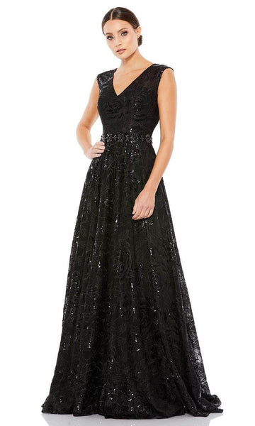 A-line V-neck Floor Length Lace Natural Waistline Glittering Back Zipper Beaded Sequined V Back Embroidered Sleeveless Floral Print Evening Dress with a Brush/Sweep Train