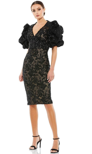 V-neck Natural Waistline Above the Knee Puff Sleeves Short Sleeves Sleeves Sheath Goddess Slit Sequined Glittering Fitted Beaded Floral Print Sheath Dress/Evening Dress With Ruffles