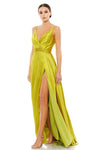 A-line V-neck Slit Draped Pleated Shirred Open-Back Spaghetti Strap Natural Waistline Prom Dress with a Brush/Sweep Train