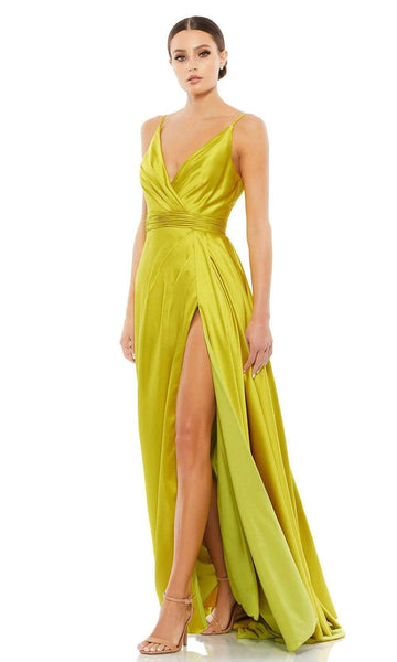 A-line V-neck Natural Waistline Pleated Draped Shirred Slit Open-Back Spaghetti Strap Prom Dress with a Brush/Sweep Train
