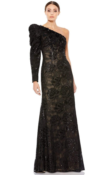 Floral Print Applique Beaded Side Zipper Open-Back Sequined Long Sleeves One Shoulder Floor Length Natural Waistline Lace Sheath Sheath Dress with a Brush/Sweep Train