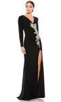 V-neck Sheath Lace Natural Waistline Long Sleeves Gathered Back Zipper Applique Slit Beaded Ruched Sheath Dress/Evening Dress with a Brush/Sweep Train