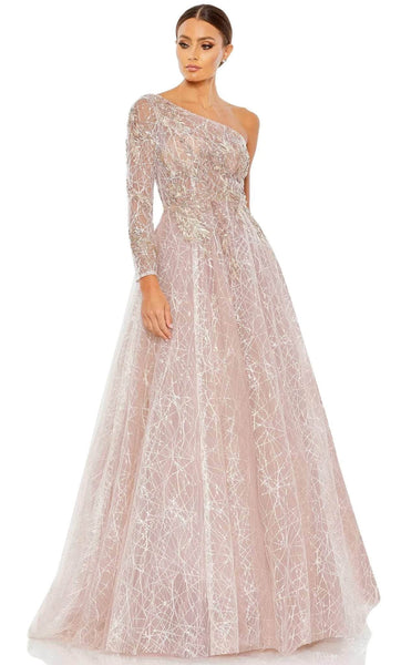 A-line Tulle Asymmetric Open-Back Back Zipper Applique Beaded Illusion Long Sleeves One Shoulder Natural Waistline Floor Length Evening Dress with a Brush/Sweep Train