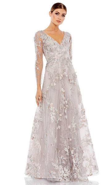 A-line V-neck Sheer Back Zipper Embroidered Applique Beaded Tulle Natural Waistline Floor Length Sheer Long Sleeves Evening Dress/Mother-of-the-Bride Dress with a Brush/Sweep Train