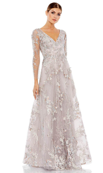 A-line V-neck Natural Waistline Applique Back Zipper Embroidered Sheer Beaded Sheer Long Sleeves Floor Length Tulle Evening Dress/Mother-of-the-Bride Dress with a Brush/Sweep Train