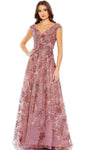 Sophisticated A-line V-neck Floral Print Illusion Embroidered Beaded Mesh Back Zipper Floor Length Cap Sleeves Natural Waistline Evening Dress/Mother-of-the-Bride Dress with a Brush/Sweep Train