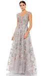 Sophisticated A-line V-neck Floral Print Floor Length Cap Sleeves Mesh Illusion Back Zipper Beaded Embroidered Natural Waistline Evening Dress/Mother-of-the-Bride Dress with a Brush/Sweep Train