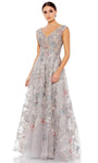 Sophisticated A-line V-neck Floral Print Back Zipper Illusion Beaded Mesh Embroidered Cap Sleeves Floor Length Natural Waistline Evening Dress/Mother-of-the-Bride Dress with a Brush/Sweep Train