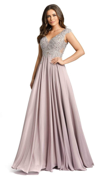 A-line V-neck Beaded Pleated Back Zipper Embroidered Cutout Sheer Sleeveless Natural Waistline Evening Dress with a Brush/Sweep Train