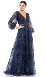 A-line V-neck Natural Waistline Bishop Long Sleeves Plunging Neck Floor Length Applique Fitted Beaded Sequined Mesh Illusion Sheer Evening Dress with a Brush/Sweep Train