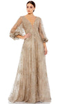 A-line V-neck Illusion Sheer Fitted Sequined Mesh Applique Beaded Plunging Neck Floor Length Bishop Long Sleeves Natural Waistline Evening Dress with a Brush/Sweep Train