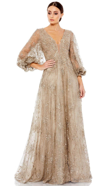 A-line V-neck Plunging Neck Floor Length Natural Waistline Bishop Long Sleeves Sequined Illusion Sheer Mesh Applique Beaded Fitted Evening Dress with a Brush/Sweep Train