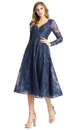 Long Sleeve Beaded Lace Blue Cocktail Dress