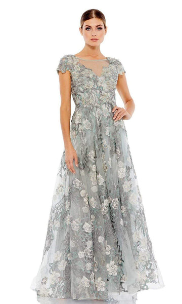 Modest A-line Floor Length Natural Waistline Floral Print Jeweled Neck Illusion Beaded Back Zipper Sheer Lace Short Sleeves Sleeves Evening Dress/Mother-of-the-Bride Dress/Prom Dress with a Brush/Swee