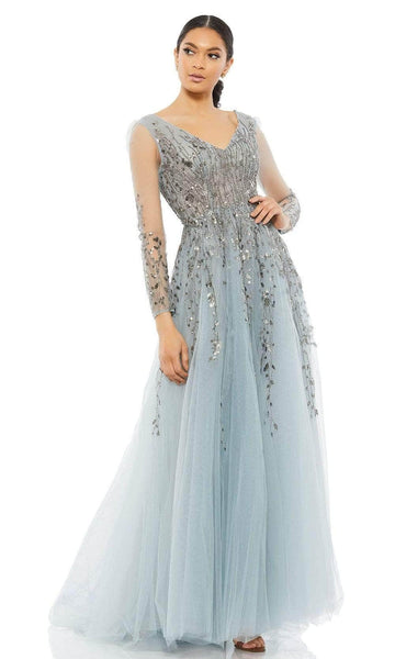 A-line V-neck Long Sleeves Fitted Flowy Beaded Applique Back Zipper Open-Back Sheer Floor Length Natural Waistline Evening Dress with a Brush/Sweep Train