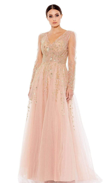 A-line V-neck Beaded Applique Open-Back Fitted Sheer Back Zipper Flowy Floor Length Natural Waistline Long Sleeves Evening Dress with a Brush/Sweep Train