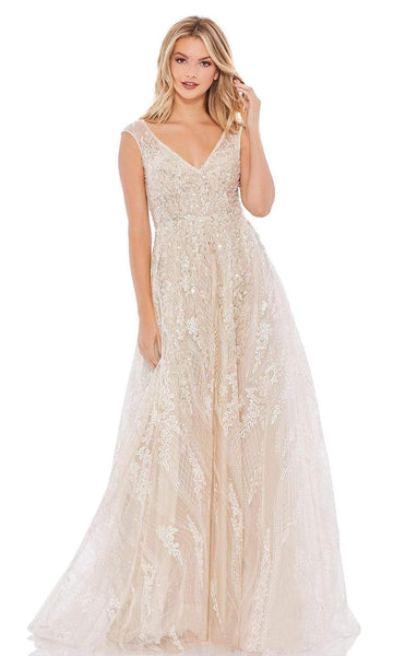 A-line V-neck Sheer Embroidered Floor Length Sleeveless Natural Waistline Prom Dress with a Brush/Sweep Train
