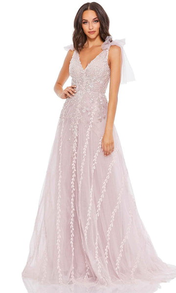 A-line V-neck Floor Length Beaded Open-Back Applique V Back Back Zipper Sheer Natural Waistline Sleeveless Evening Dress with a Brush/Sweep Train With a Bow(s)