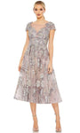 A-line Scalloped Trim Cocktail Floor Length Tea Length Natural Waistline Floral Print Flowy Illusion Back Zipper Beaded Embroidered Bateau Neck Cap Flutter Sleeves Dress