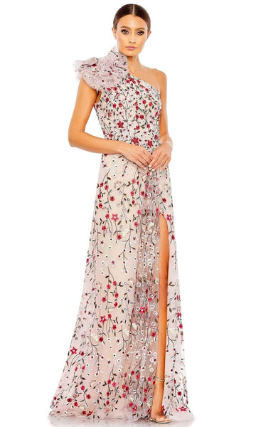 Sexy A-line Natural Waistline Floral Print Sleeveless Applique Hidden Back Zipper Embroidered Slit Asymmetric Beaded Evening Dress with a Brush/Sweep Train With Ruffles