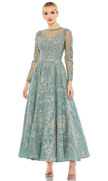 A-line Polyester Jeweled Neck Long Sleeves Beaded Embroidered Jeweled Sheer Back Back Zipper Illusion Pleated Cocktail Floor Length Natural Waistline Dress