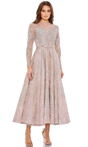 A-line Polyester Jeweled Neck Sheer Back Beaded Illusion Jeweled Pleated Back Zipper Embroidered Cocktail Floor Length Natural Waistline Long Sleeves Dress