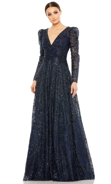 A-line V-neck Sequined Sheer Fitted Back Zipper Floor Length Long Sleeves Polyester Natural Waistline Evening Dress with a Brush/Sweep Train