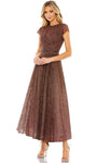 Sophisticated A-line Cocktail Tea Length Jeweled Neck Polyester Jeweled Beaded Embroidered Glittering Hidden Back Zipper Sheer Cap Sleeves Natural Waistline Dress